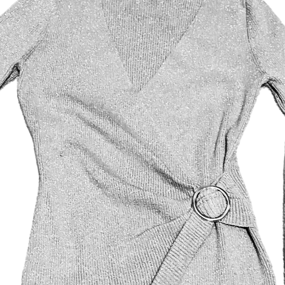 INC Metallic Knit Faux Wrap Sweater • Silver • Medium